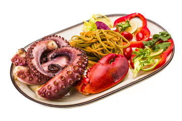 Seafood pasta with octopus and lobster leg