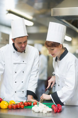 Female chef slicing vegetables