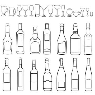 vector line art set - bottles and stemware