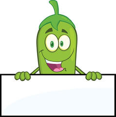 Smiling Green Chili Pepper Character Over Blank Sign