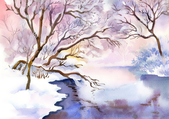 Landscape Watercolor landscape. Winter Collection
