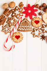 Christmas homemade gingerbread cookies,spice and decoration over