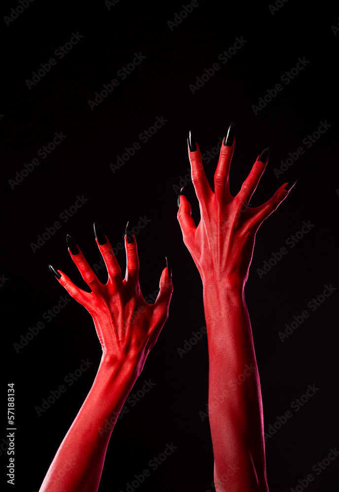 Poster spooky red demonic hands with black nails, real body-art