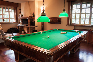 Billiard table with mock tiger skin rug
