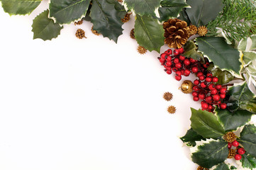 Christmas decoration arrangement with holly and pine cones