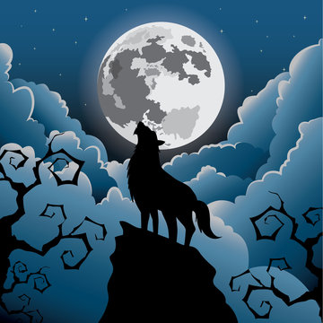 Silhouette Wolf howling at the moon ,Halloween Vector