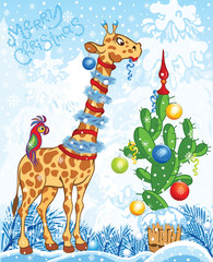 Obraz premium Christmas card with cartoon giraffe and cactus