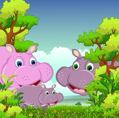family of hippo cartoon with forest background