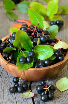Black chokeberry in brown bowl