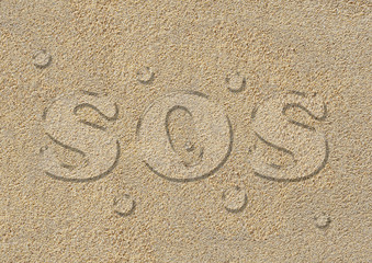 SOS written on a sand texture, water drops. Symbolic representation. Climate change and lack of water