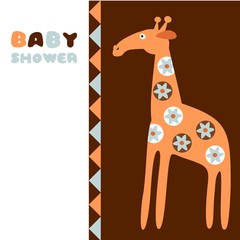 Naklejka premium Cute baby shower birthday invitation card with giraffe, vector