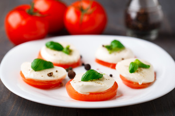 Tomato and mozzarella with basil leaves