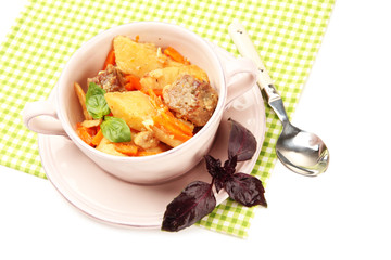 Homemade beef stir fry with vegetables in color bowl, isolated