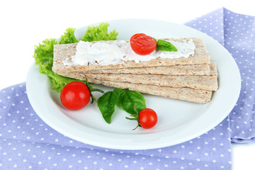 Tasty crispbreads with vegetables, isolated on white