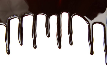 Melted chocolate dripping on white background