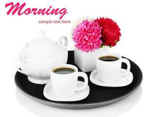 Cups of coffee on tray isolated on white