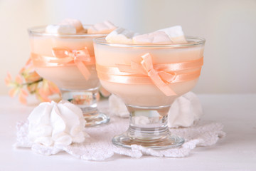 Tasty yogurt with marshmallows, close up