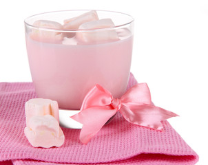 Tasty yogurt with marshmallows, isolated on white