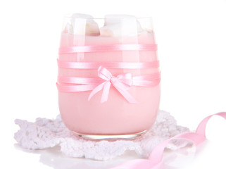 Tasty yogurt with marshmallows, isolated on white