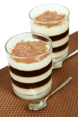 Tasty jelly coffee with milk on table on white background