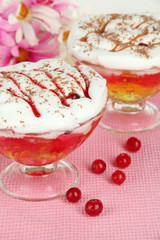 Tasty jelly in bowls on table close-up