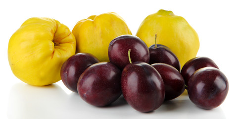 Quinces and plums isolated on white