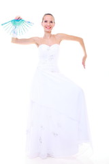 Wedding day. Romantic bride in white dress fan isolated