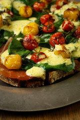 Crostini with prosciutto, swiss chard, cherry tomato vinaigrette