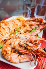 delicious fried shrimp with pasta