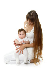 happy young mother with cute smiling baby over white