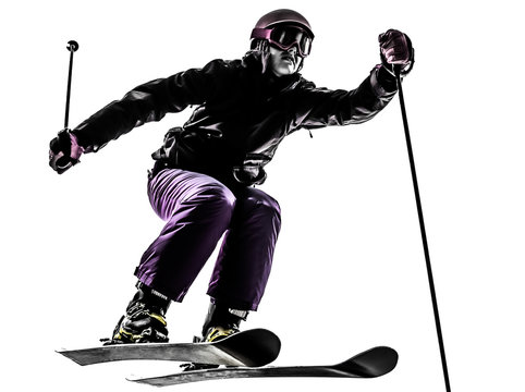 one woman skier skiing jumping silhouette