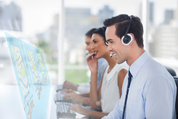 Call center employees at work on futuristic interfaces showing m