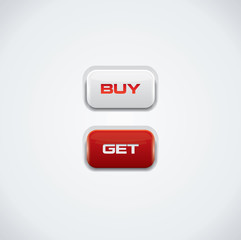 Modern buy and get push buttons, red and white