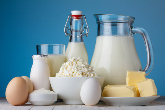 Dairy products, milk, cottage cheese, eggs