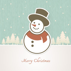 Christmas Snowman with trees covered in snow