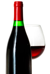 Wine bottle and a glass filled with wine isolated on white