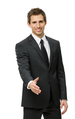 Half-length portrait of handshake gesturing businessman