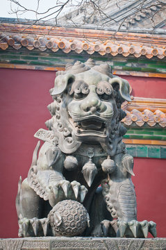 lion statue in Yonghe Temple also called Lama Temple in Beijing