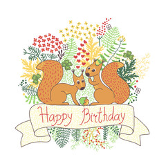 Beautiful card with squirrels. Happy birthday.