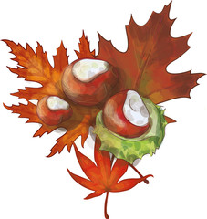 kastanien auf roten bl&auml;ttern