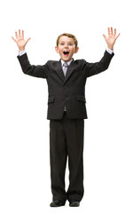 Full-length portrait of little businessman with hands up