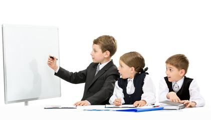 Little business man showing something on screen