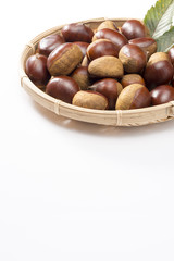 白背景に竹籠に盛った栗と葉