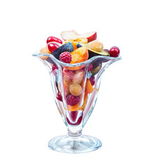 Glass with pieces of fruits and berries isolated on white