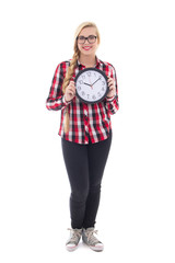 attractive teenage girl in eyeglasses with clock isolated on whi