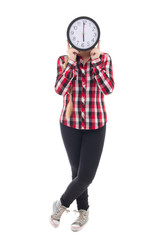 teenage girl with clock covering face isolated on white