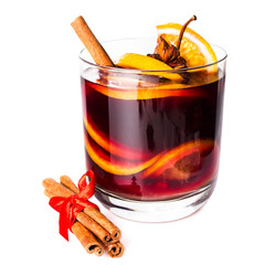 Cup of Hot red mulled wine isolated on white background with chr