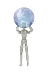Grey mannequin holding a globe