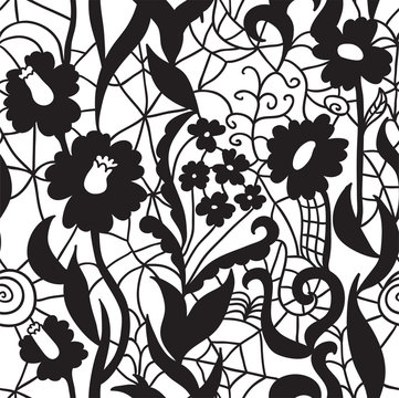 Lace black seamless pattern with flowers on white background