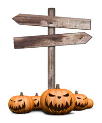 Halloween pumpkin with Old weathered wood sign isolated on white